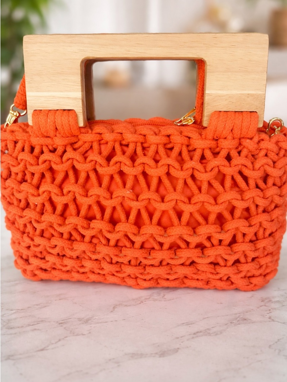 Handwoven Orange Mini Bag with Wooden Top Handles